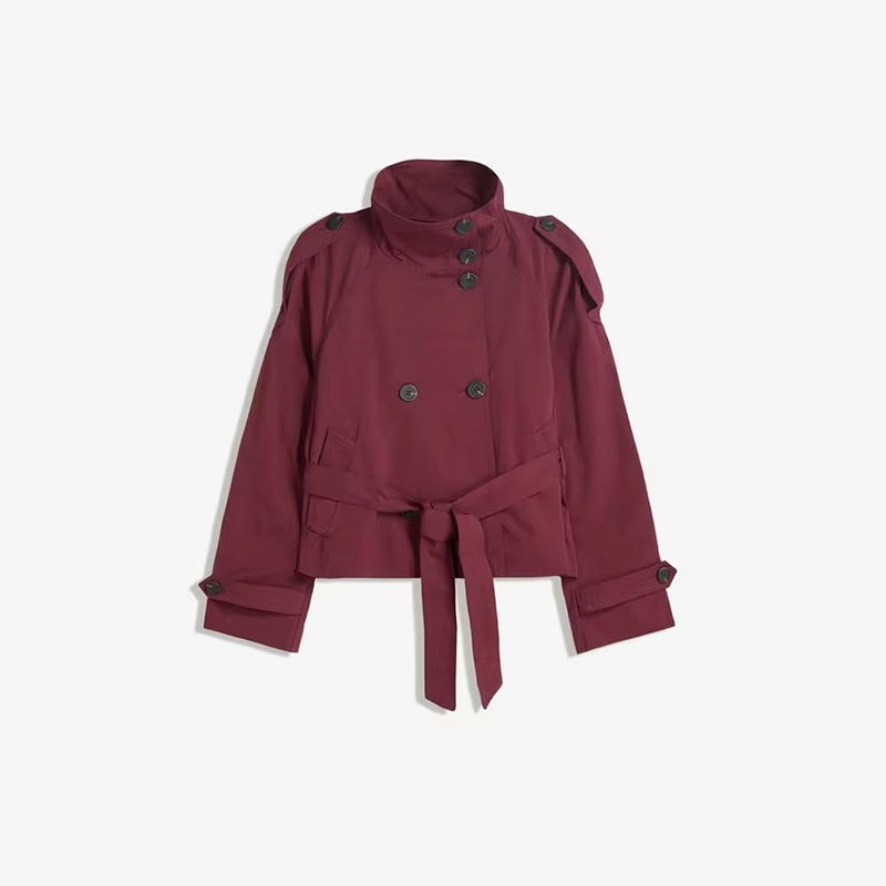 Casual Stand Collar Women Jacket with Belt Elegant New Long Sleeve Single Breasted Coats 2025 Autumn Lady Outerwear High Street