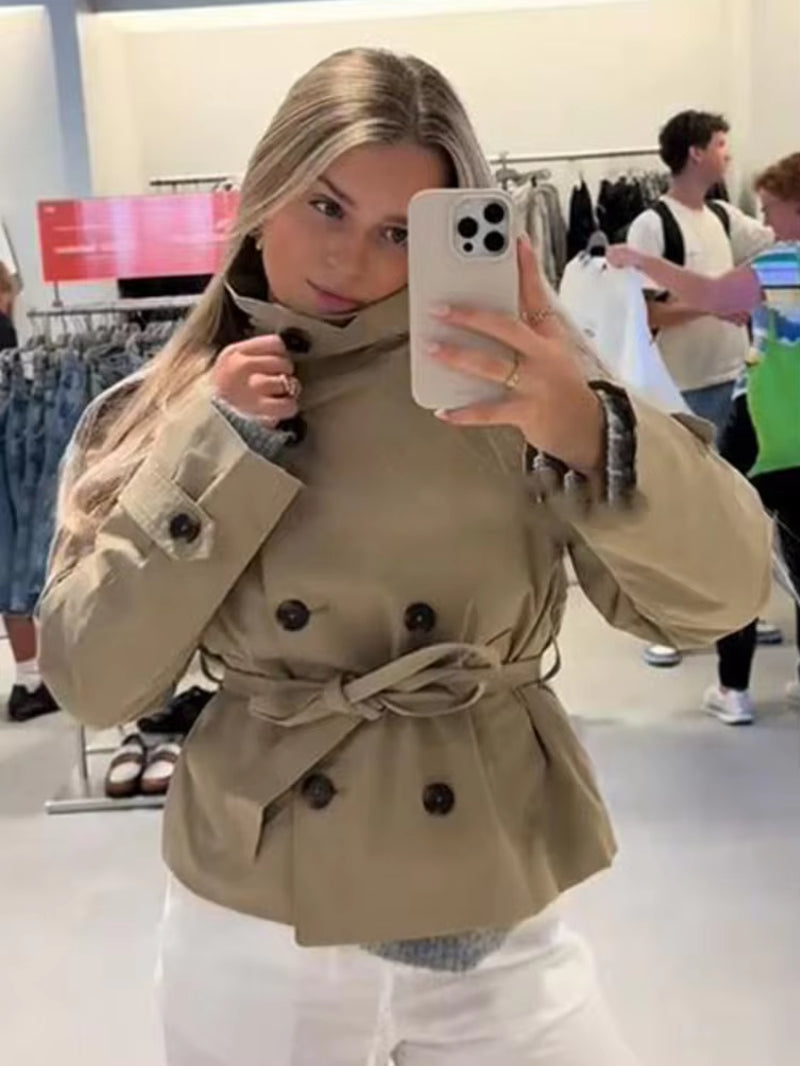 Casual Stand Collar Women Jacket with Belt Elegant New Long Sleeve Single Breasted Coats 2025 Autumn Lady Outerwear High Street